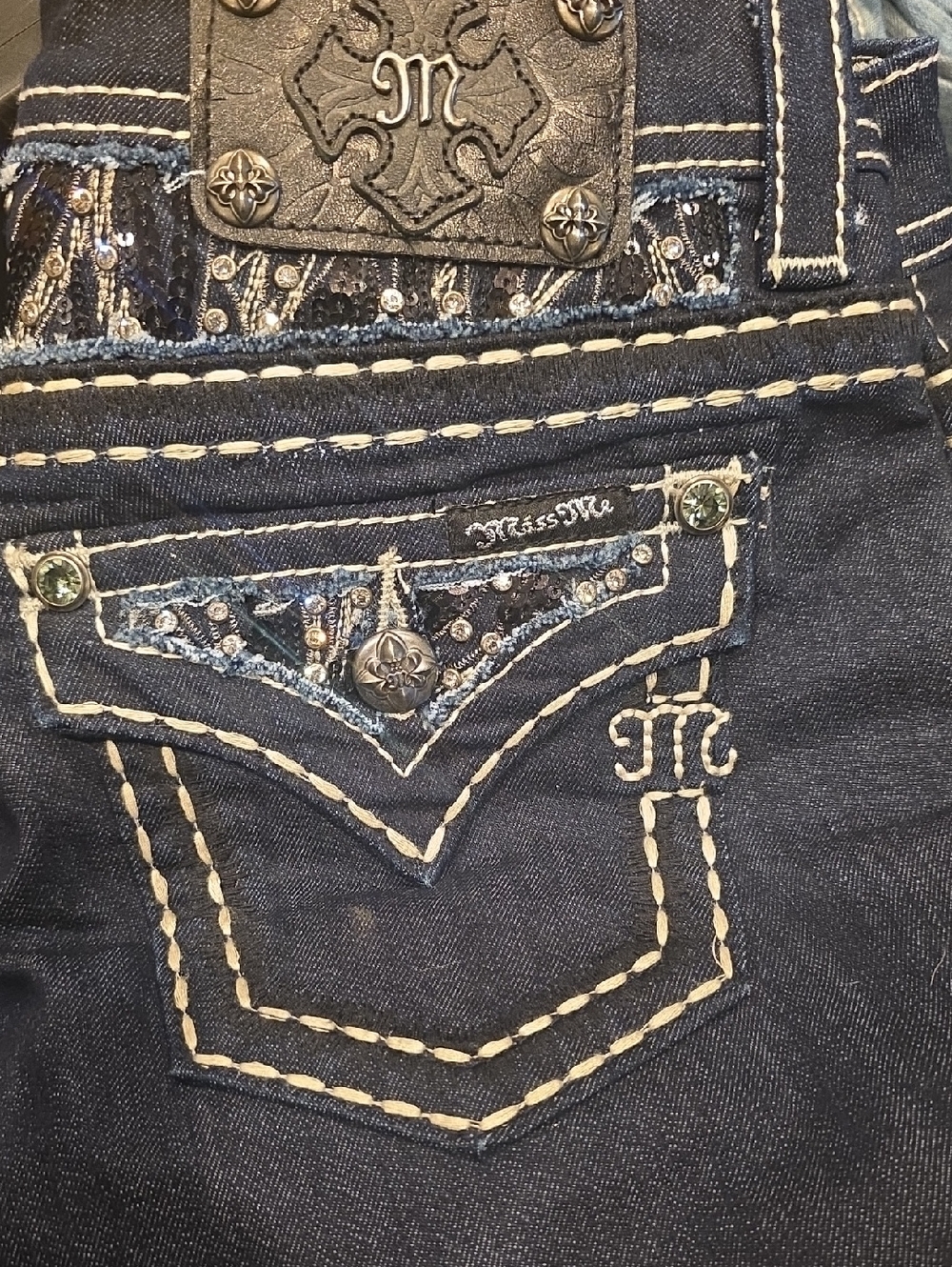 Miss Me Dark Blue Skinny Jeans with Embellished Back Pockets